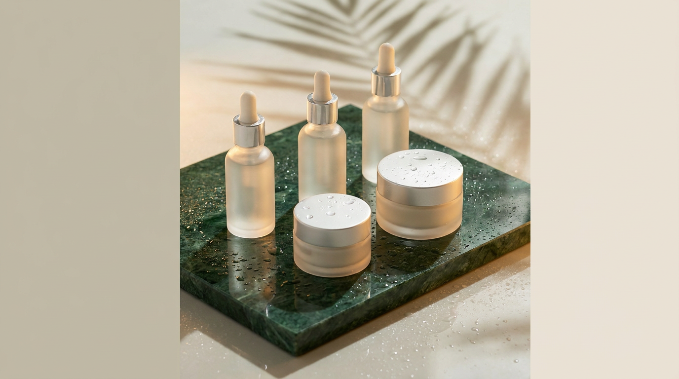 Shoptovi Skincare collection — premium serums and creams on emerald stone