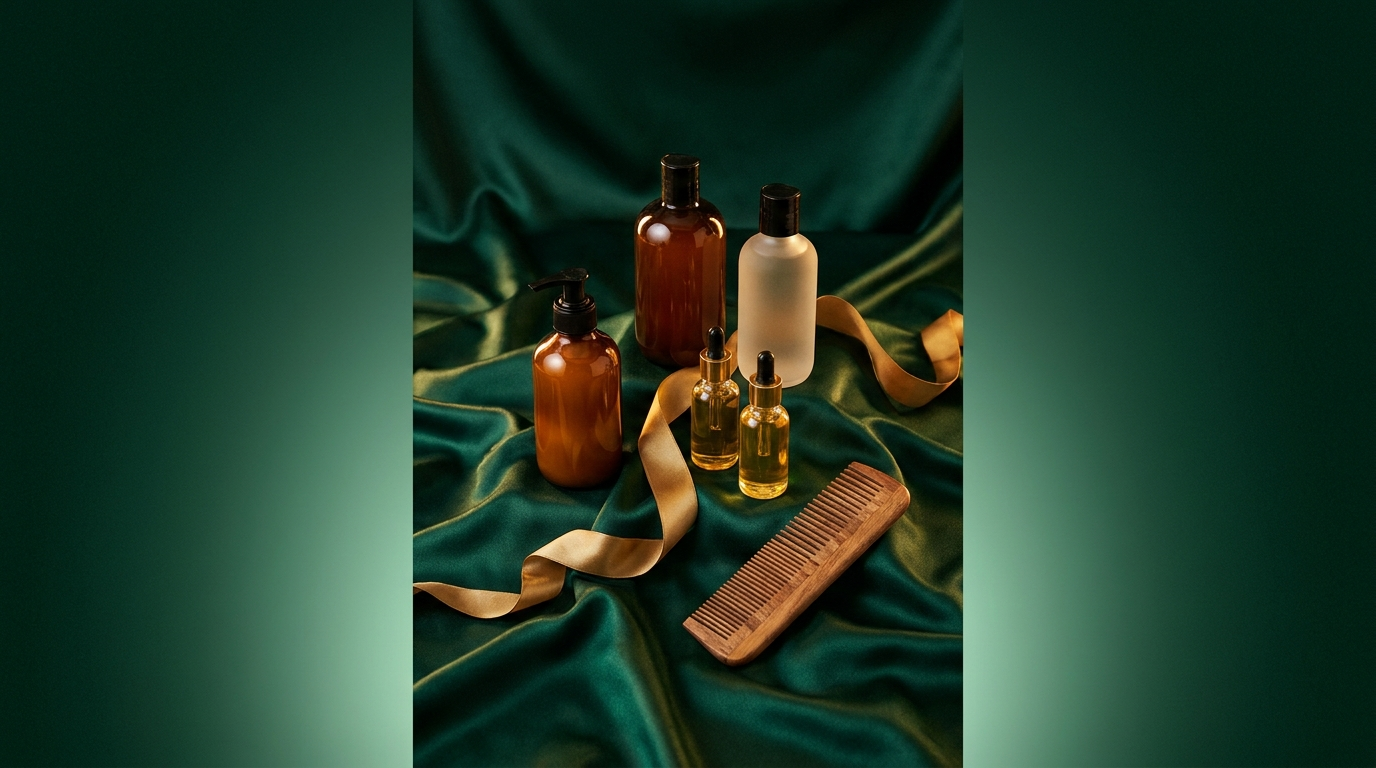 Shoptovi Hair Care collection — luxury hair oils and care on emerald satin