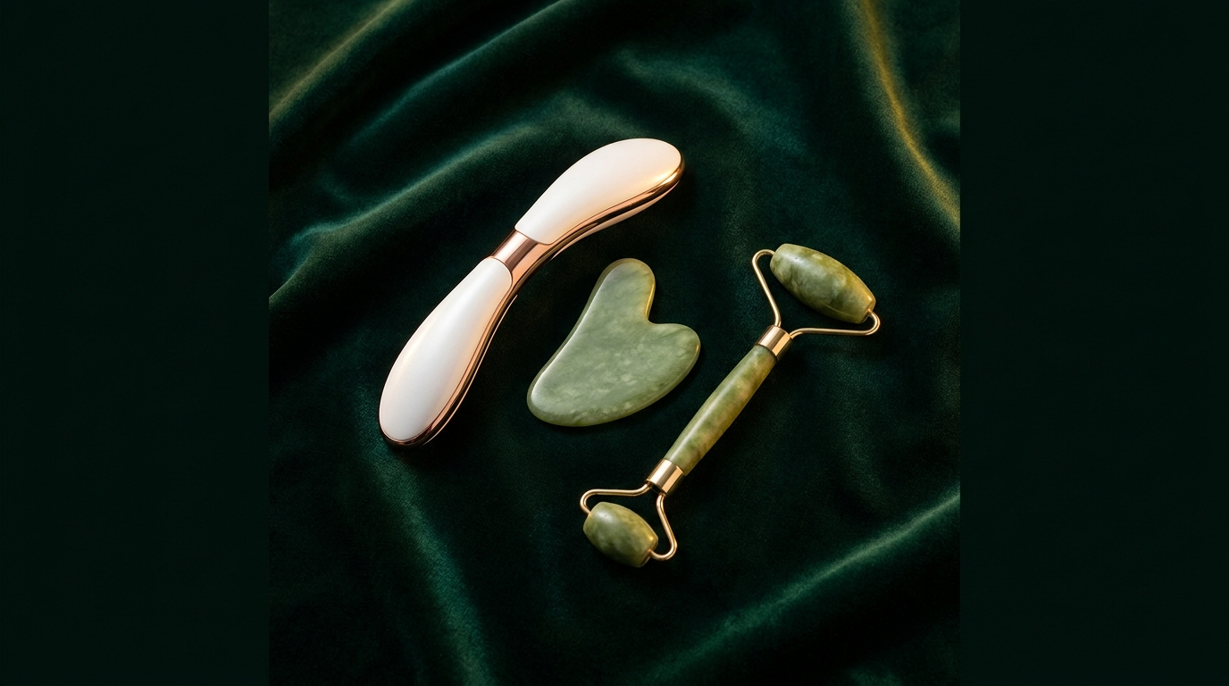 Shoptovi Beauty Tools & Devices collection — facial device and jade tools on emerald velvet
