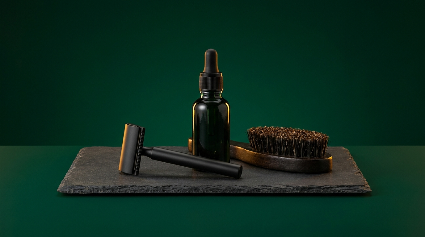Shoptovi Men's Grooming collection — razor and beard oil on slate and emerald