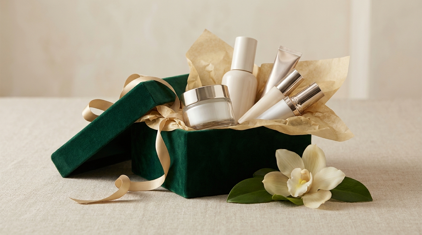 Shoptovi New Arrivals collection — beauty products in emerald gift box with gold tissue