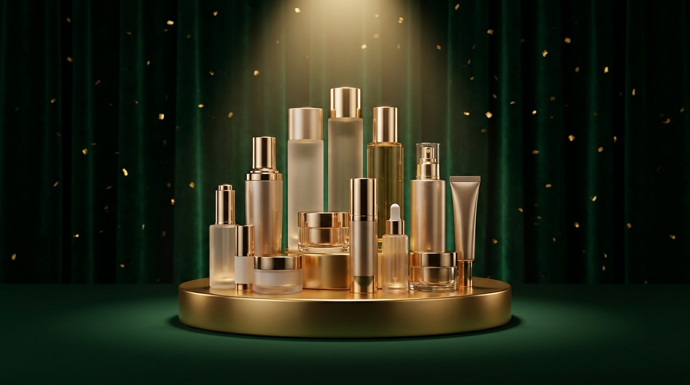 Shoptovi Best Sellers collection — beauty products on gold pedestal against emerald backdrop