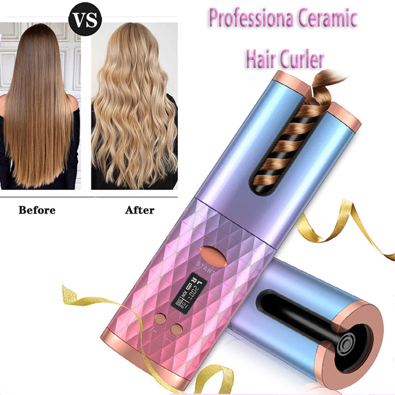 Automatic Curling Iron — Cordless LCD Mini Hair Curler with USB Charging