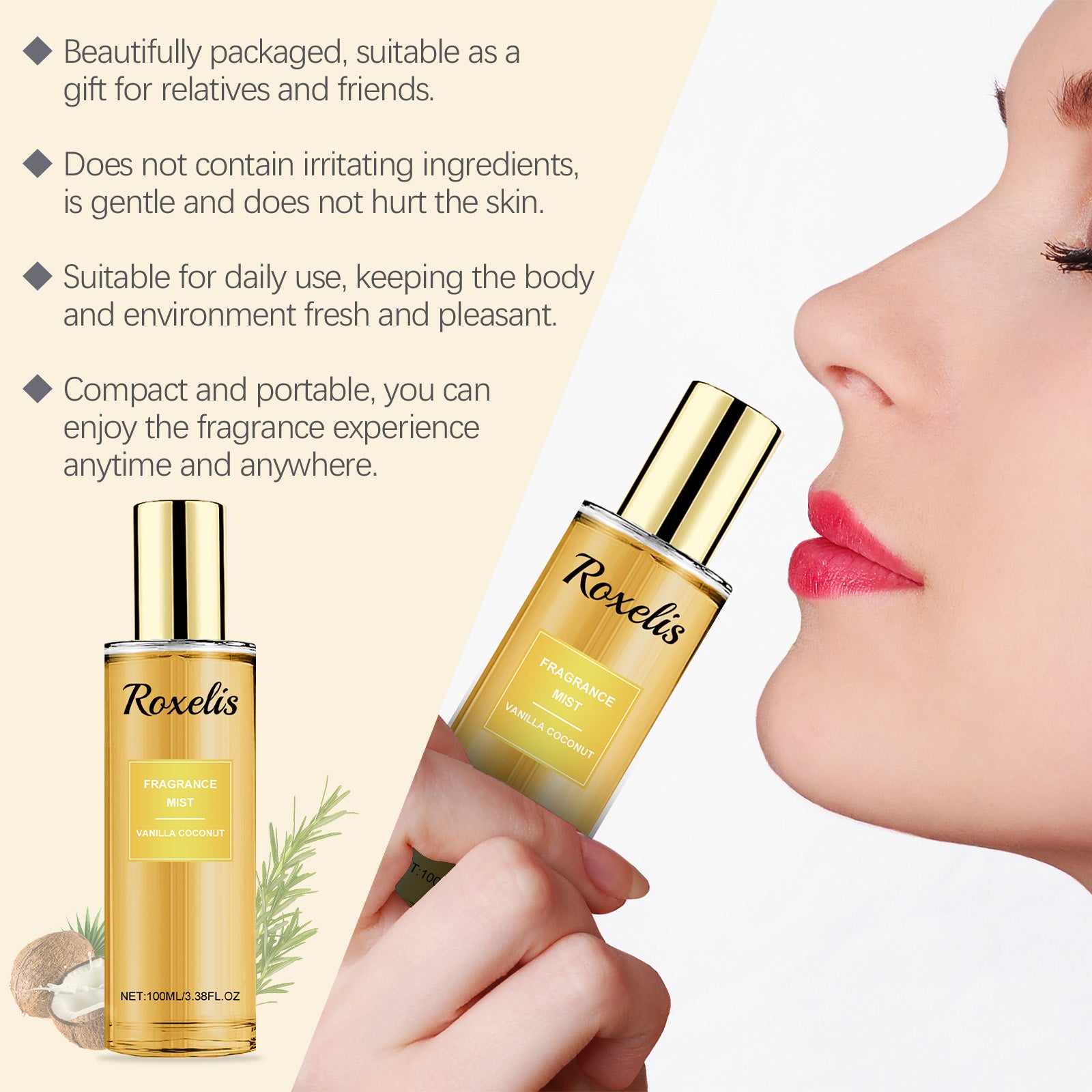 Roxelis Vanilla Coconut Body Mist — Long-Lasting Fragrance Body Spray — product photo 2